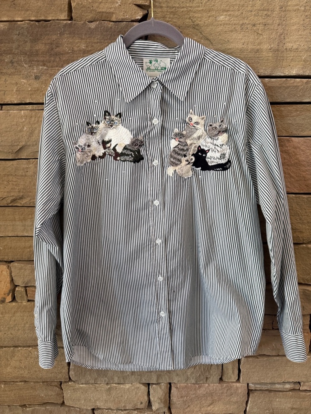 Quacker Factory Black and White Striped Button-Up w/ Embroidered Cats & Kittens
